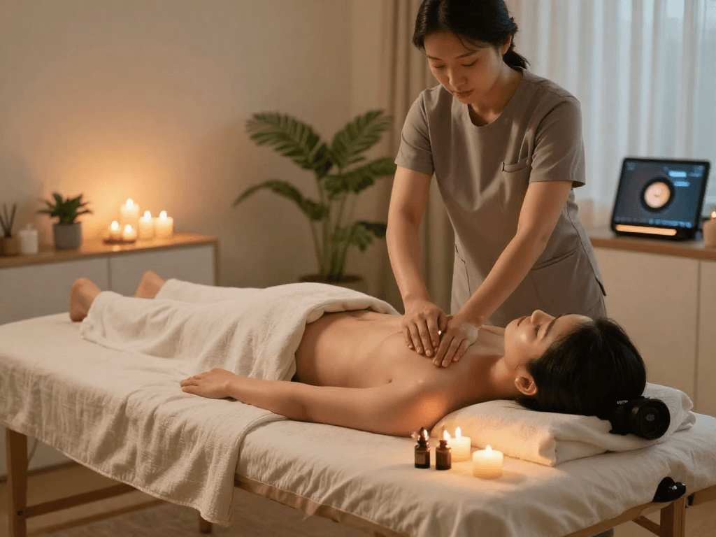 Relaxing 부천출장안마 session at home, featuring a professional therapist and soothing atmosphere.