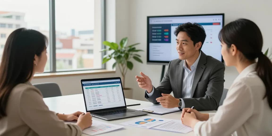Couple consulting with financial advisor to calcular hipoteca options in modern office setting.