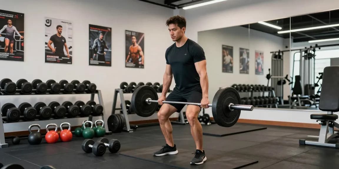 Entrenador levantando pesas en Esteroidesshop, ambiente de gimnasio moderno.