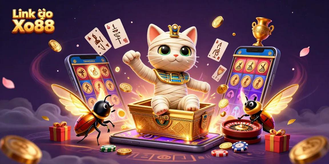 Experience thrilling gameplay with Link vào Xo88, featuring a mummy cat and a scarab beetle in a vibrant casino scene.