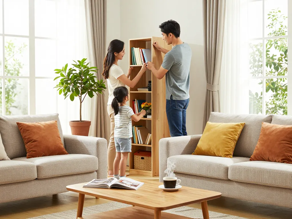 Familia disfrutando de la mejora del hogar en una sala de estar acogedora