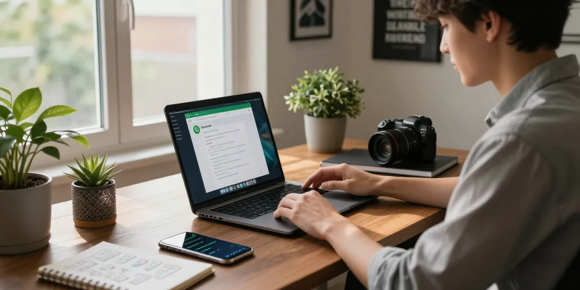 A professional using WhatsApp電腦版 on a sleek desk in a modern home office, surrounded by tech and natural light.