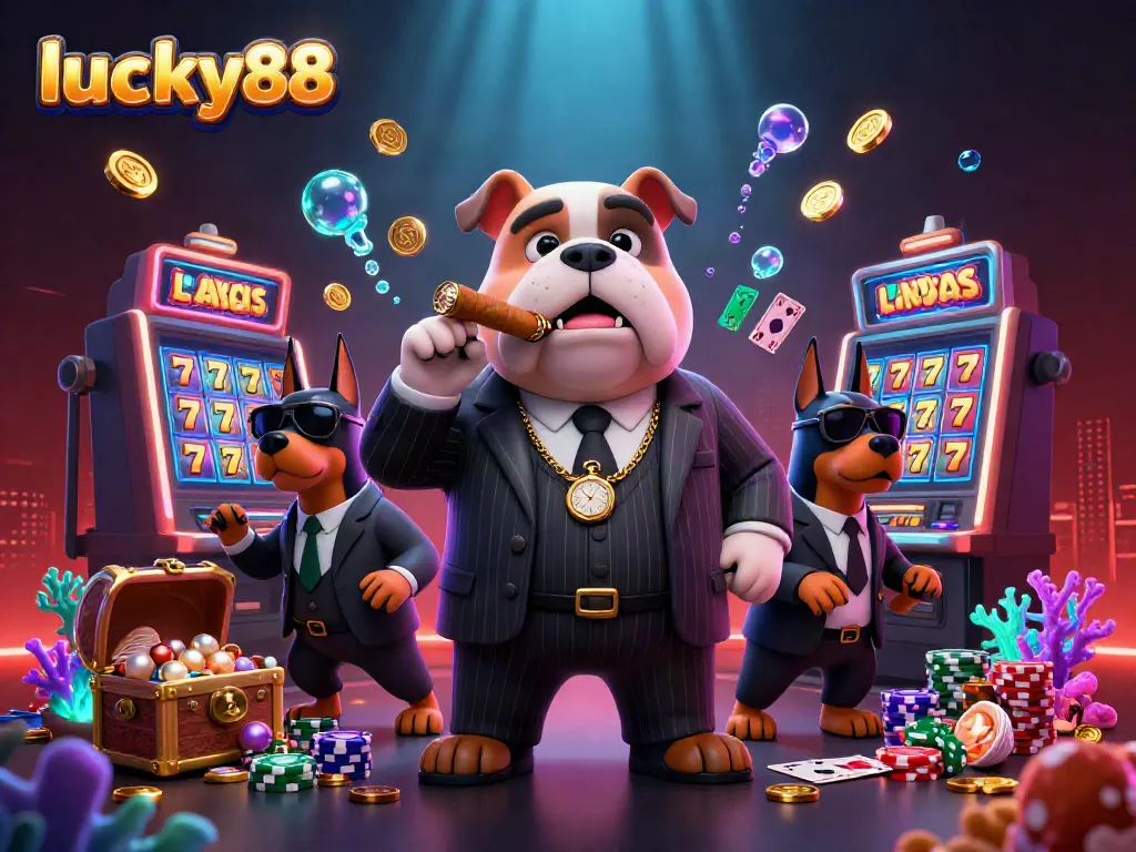 Experience the excitement of lucky88 as a 3D mafia bulldog commands a lively casino scene.