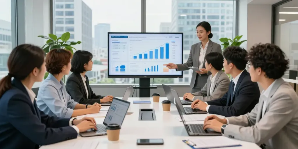 Reunión de estrategia en la oficina moderna con phuwerte-inwersowia.com en pantalla, profesionales colaborando.
