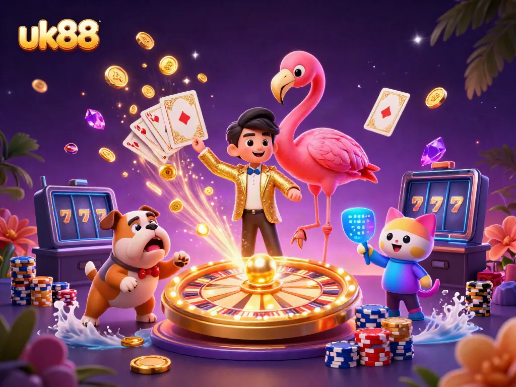 Spin the giant prize wheel and win with uk88 in a vibrant 3D casino scene full of excitement and rewards.