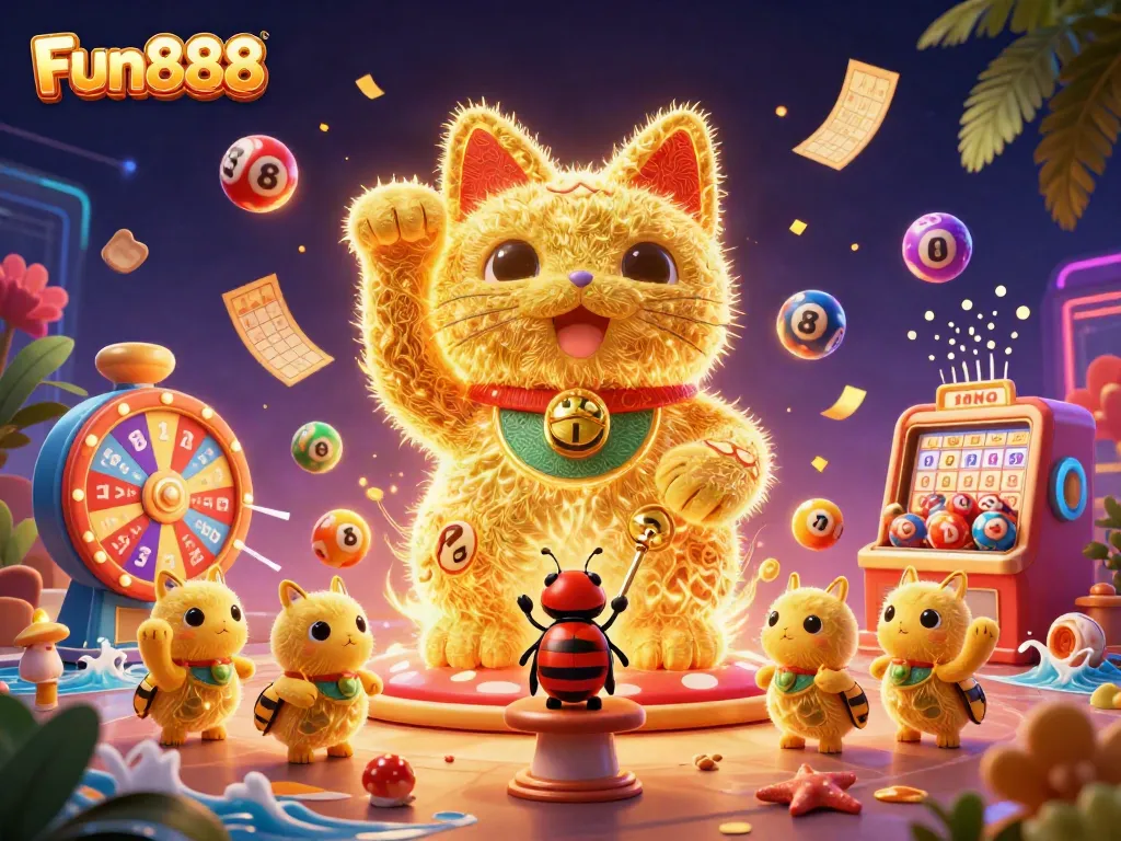 Play exciting casino games at Fun888 with vibrant lottery and prize elements in a dynamic 3D illustration.