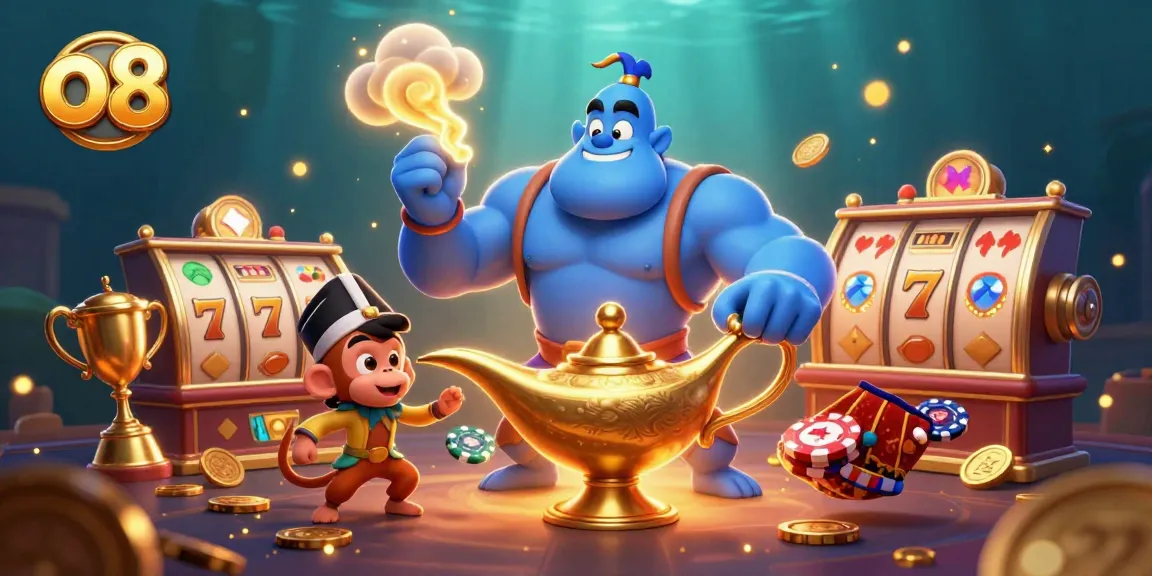 Spin the slots with the magical o8 theme, featuring a genie and casino elements.