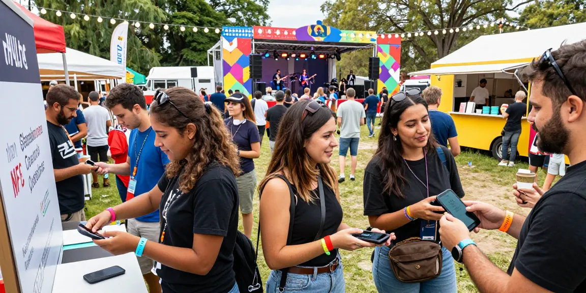 Engaged festival-goers wearing pulseras NFC para eventos enjoying seamless access and cashless payments.