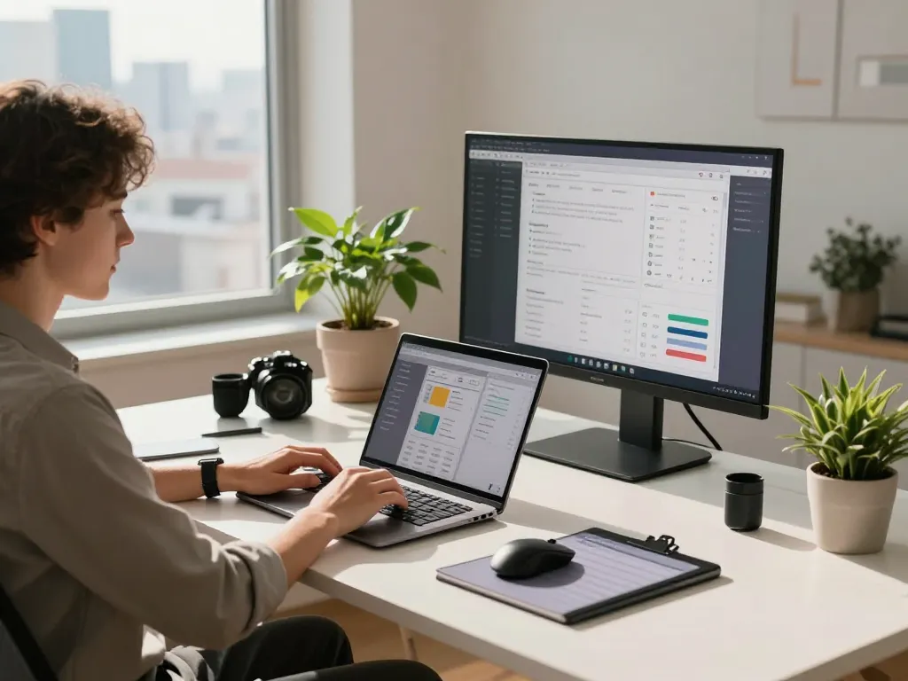Tech gadgets for productivity enhance a modern home office setup with a professional focused on work.