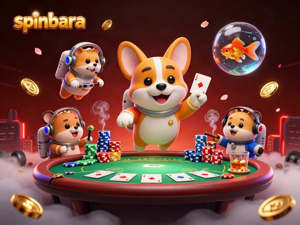 Spinbara-themed casino illustration showcasing a 3D cartoon astronaut corgi and vibrant gambling elements.