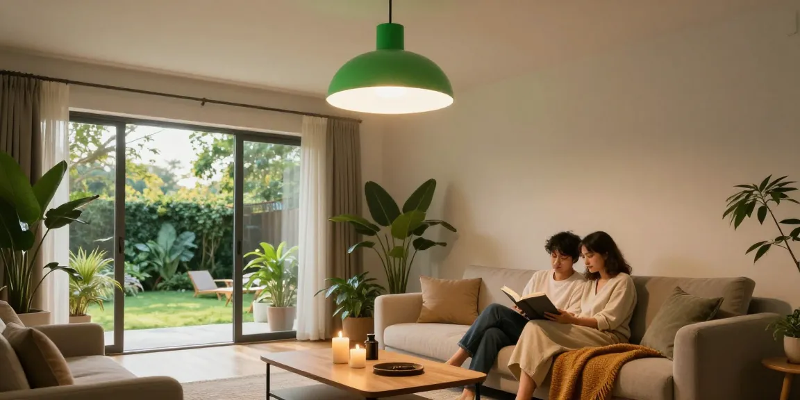 Sala de estar acogedora que muestra lamparas verdes elegantes iluminando un rincón de lectura cómodo.