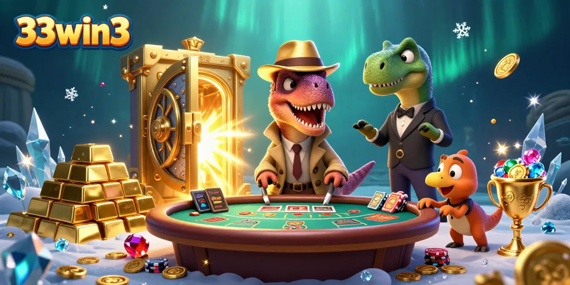 33win3 illustrates a velociraptor card counter at a blackjack table amid a treasure-filled casino scene.