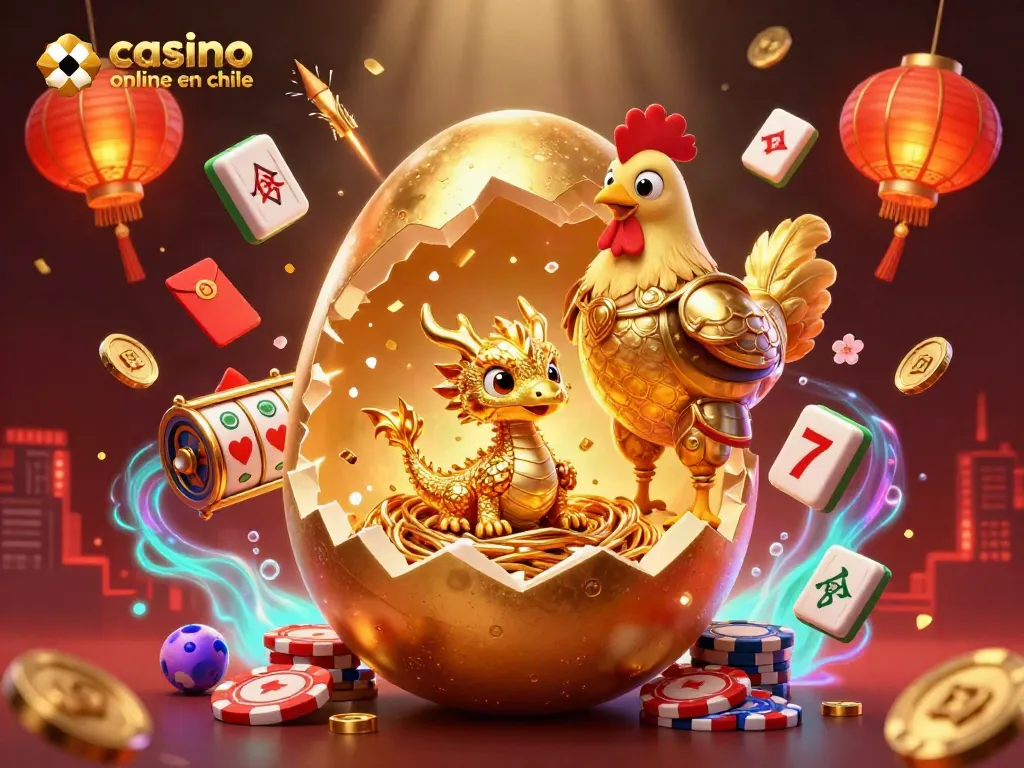 Gana en el mejor casino online en Chile iluminado con dragones dorados y apostando con fichas.