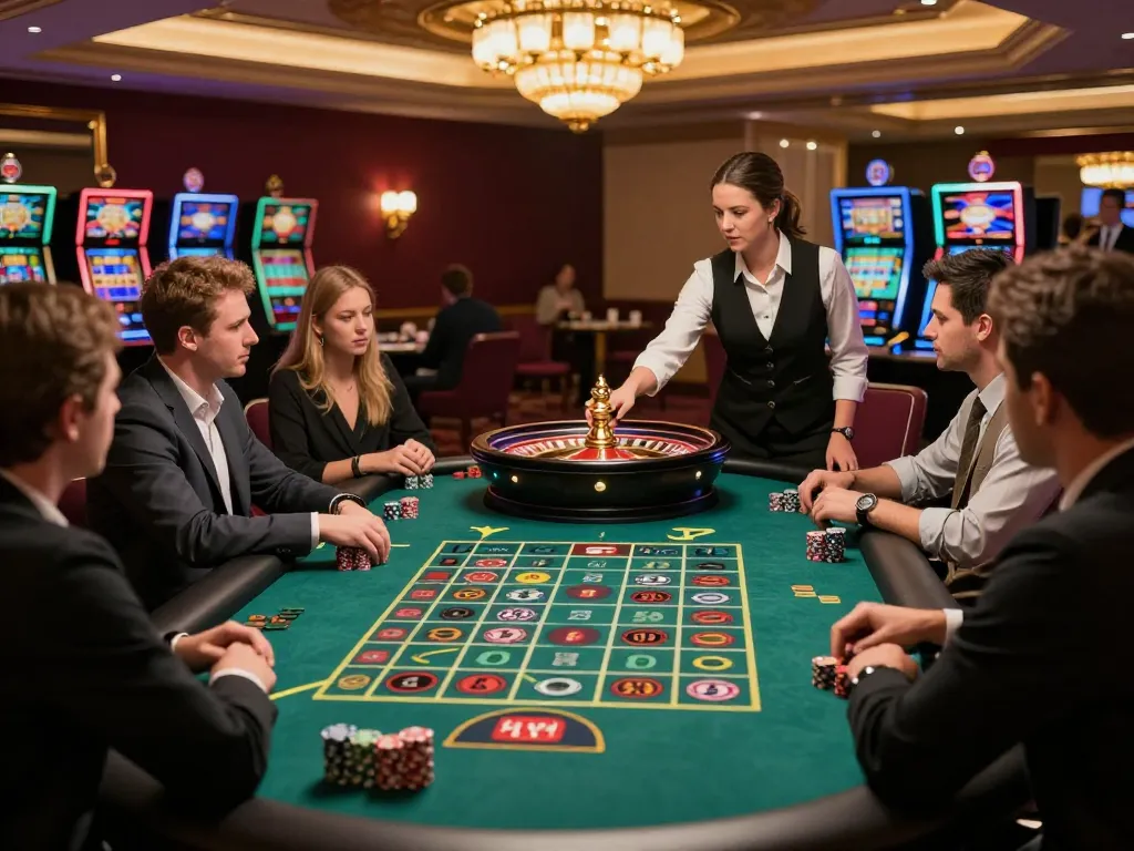 Experience the thrill at fly888 with players engaging at a roulette table in a luxurious casino setting.