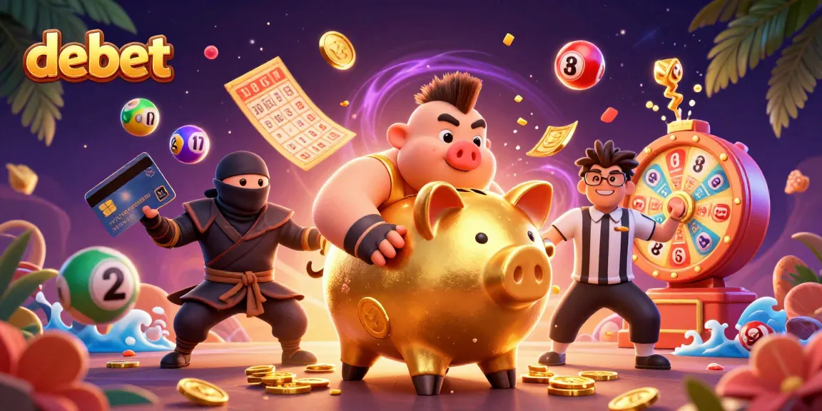 Engaging debet scene with a piggy bank sumo wrestler, ninja, and samurai amidst lottery chaos.