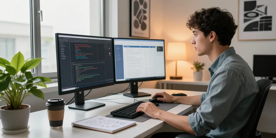 An engaging workspace scene highlighting the WPS Official Website, showcasing a developer at a dual-monitor setup coding with a warm, productive atmosphere.