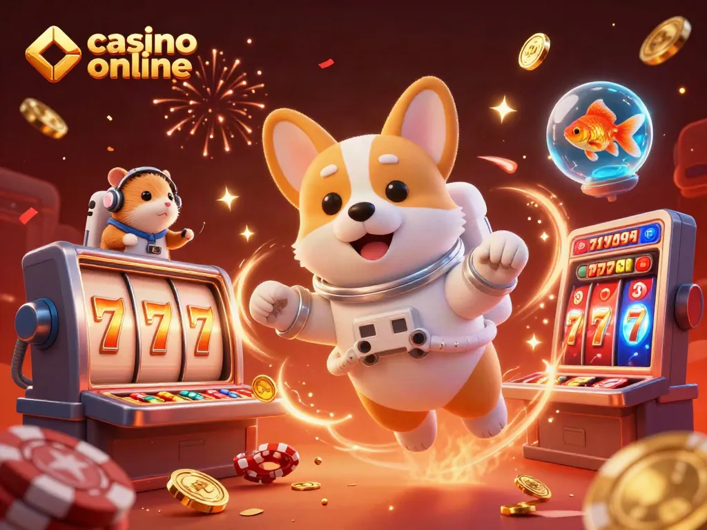 La imagen muestra un corgi astronauta en un casino online y rodillos de tragamonedas brillantes, resaltando la experiencia de juego.