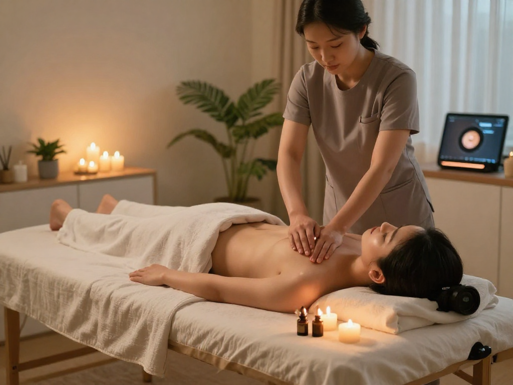 Relaxing 부천출장안마 session at home, featuring a professional therapist and soothing atmosphere.