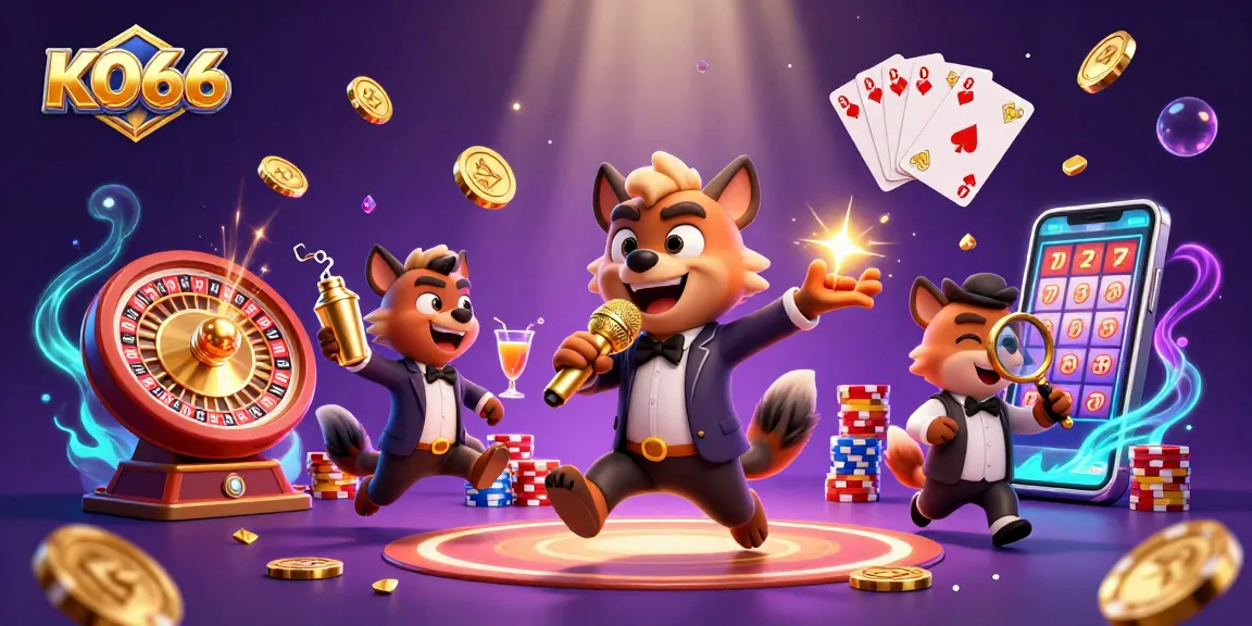 KO66 hyena characters entertain in a vibrant casino scene, showcasing comedy and gaming joy.