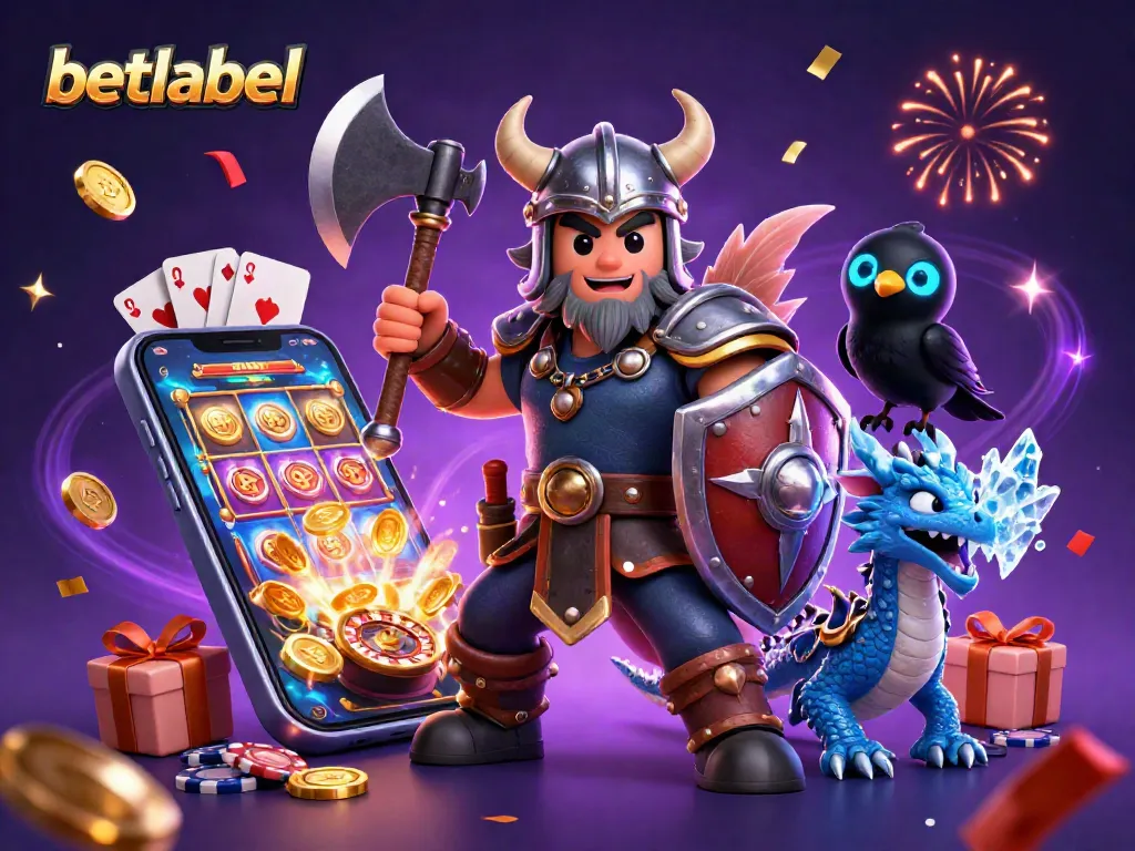 Win big at betlabel with a vibrant 3D illustration of a Viking wolf warrior and dragon amidst casino elements.