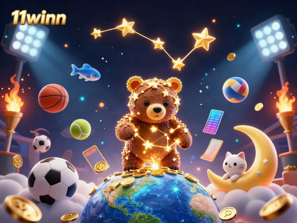Experience thrilling wins with the 11winn constellation bear scooping coins in a vibrant casino scene.