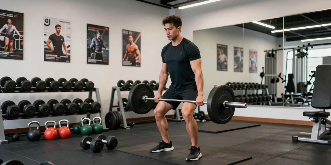 Entrenador levantando pesas en Esteroidesshop, ambiente de gimnasio moderno.