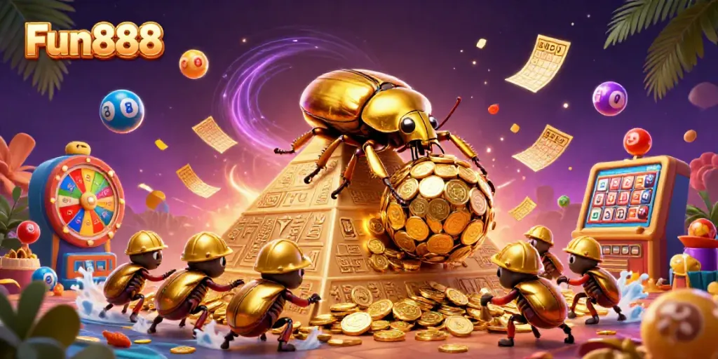Experience the excitement of Fun888 with a dynamic 3D casino illustration showcasing vibrant elements.
