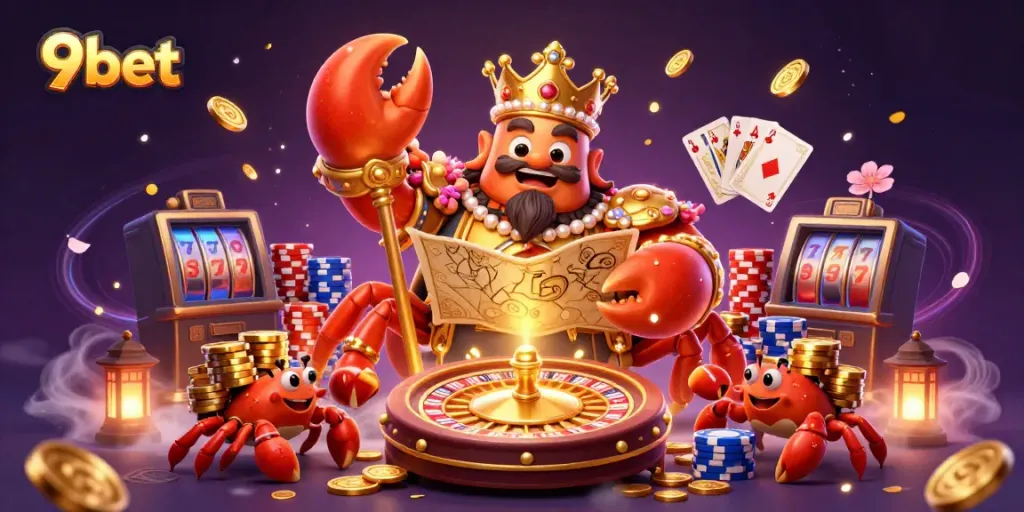 Play exciting casino games at 9bet with immersive experiences and golden rewards in a digital illustration.