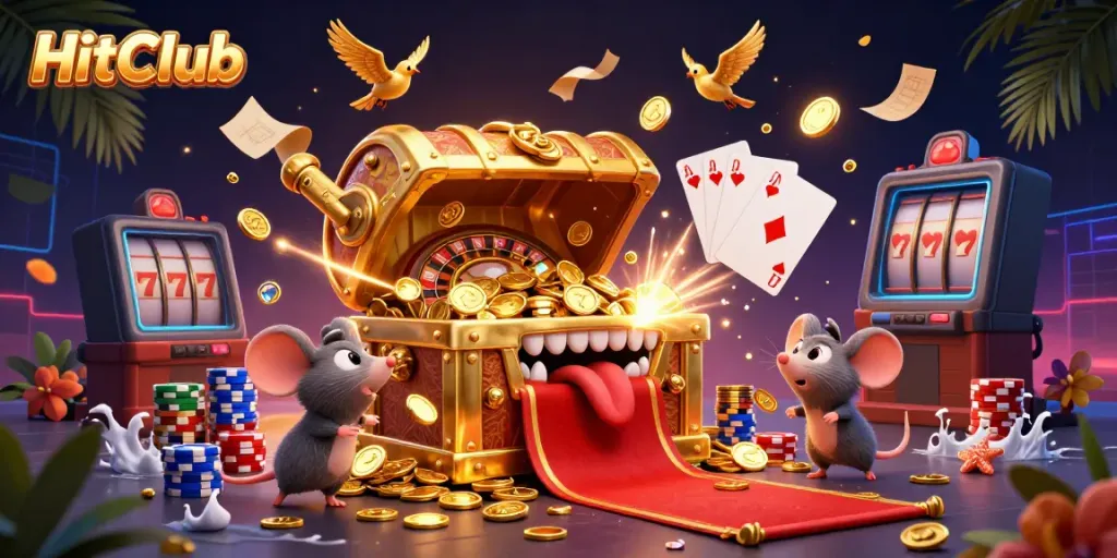Engage in thrilling action at HitClub with a vibrant 3D illustration showcasing casino excitement.