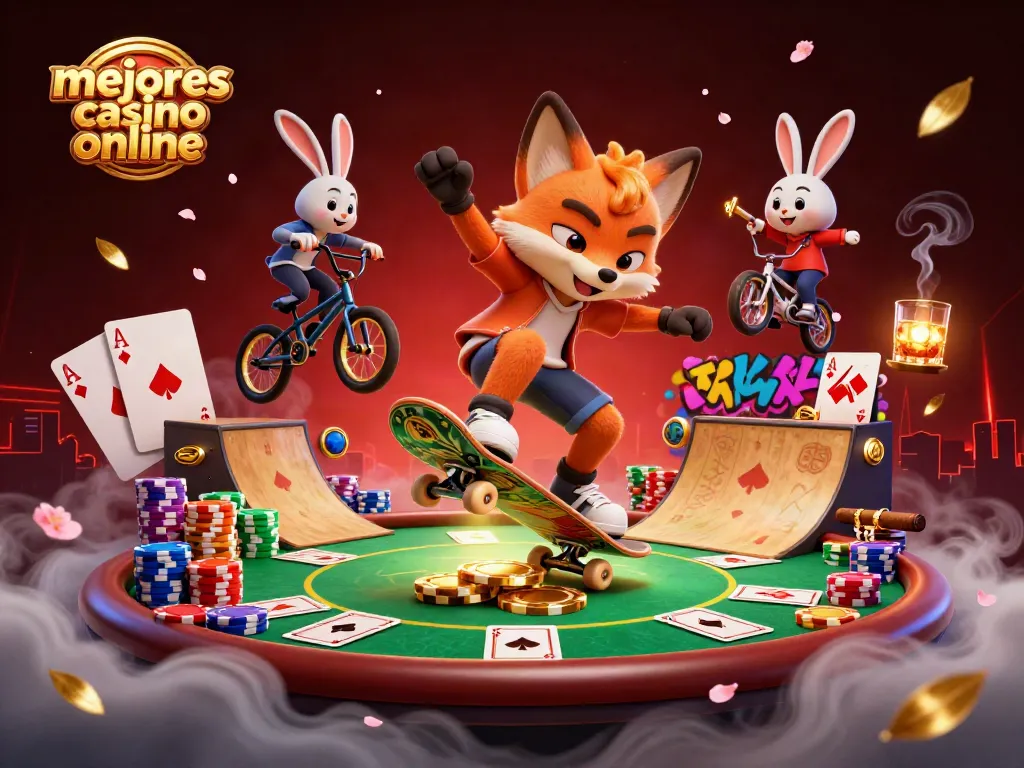Ilustración de mejores casinos online con un zorro y un conejo disfrutando en un ambiente colorido de tragaperras y fichas.