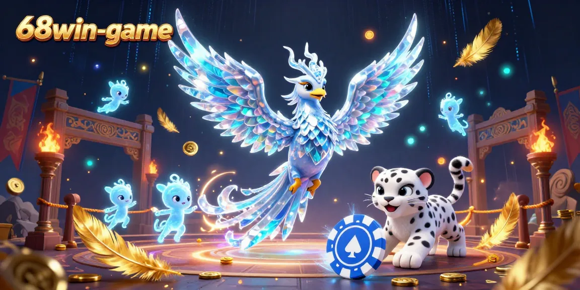 Engage with 68win-game in a vibrant 3D casino scene filled with animated characters and gambling elements.
