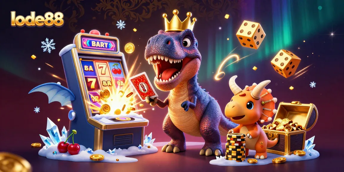 Join lode88's animated T-Rex and friends at a vibrant casino scene featuring thrilling slot action.