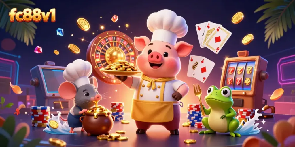 Experience thrilling moments at fc88v1 with a vibrant casino scene filled with characters enjoying gaming delights.
