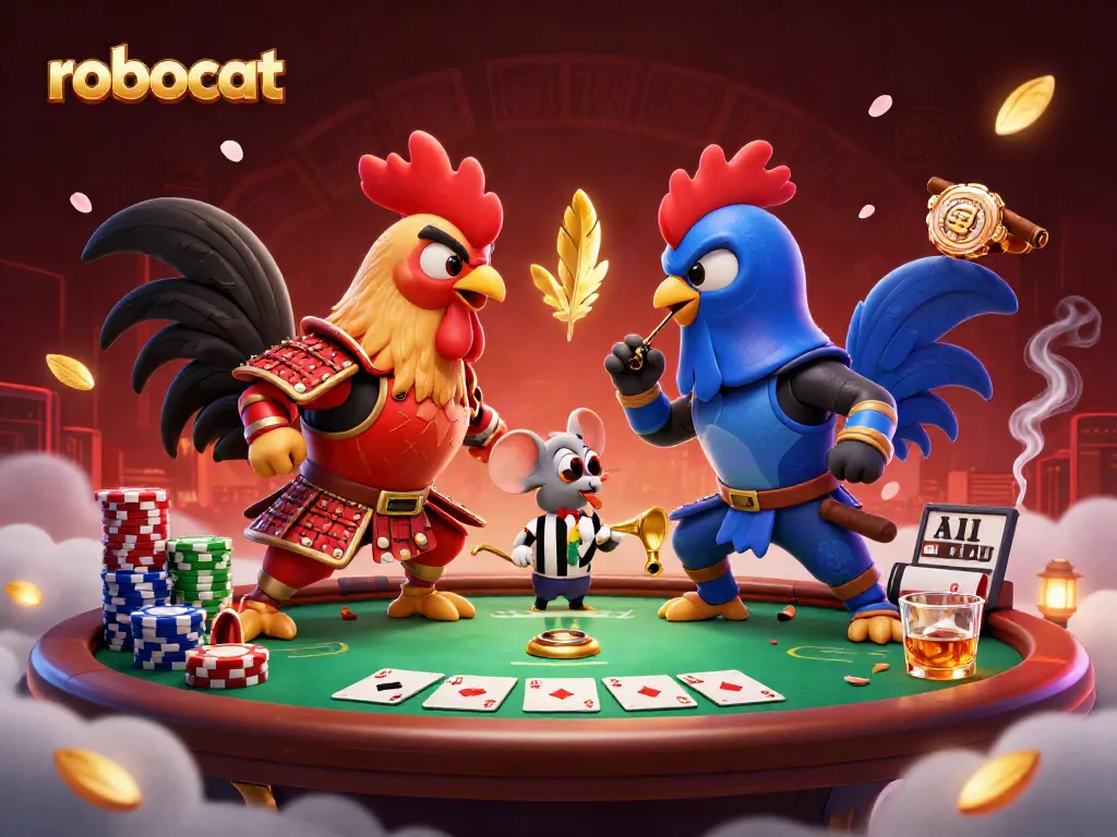Experience thrilling poker action with robocat battling roosters in an exciting casino showdown.