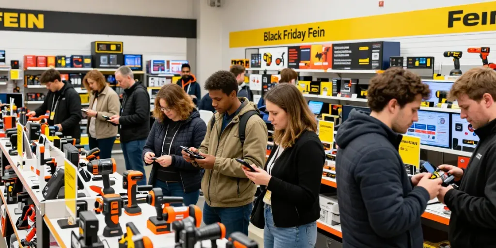 Comprando herramientas FEIN en Black Friday, ambiente festivo y promociones destacadas.
