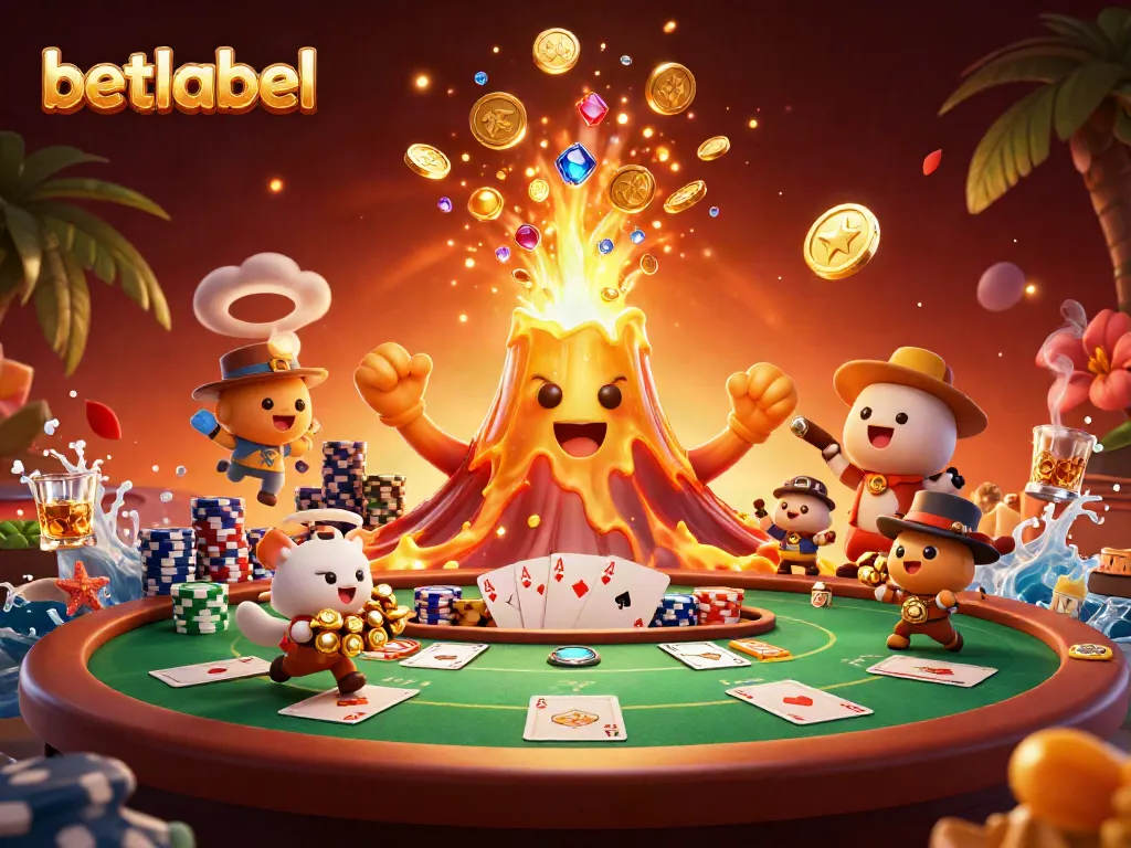 Experience the thrill of gaming at betlabel casino with vibrant 3D illustration of golden eruptions and treasure seekers.