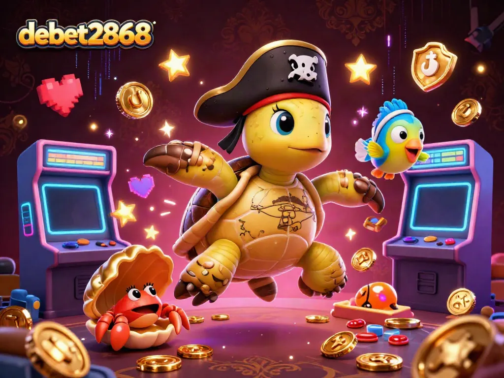 Experience the vibrant world of debet2868 as a pirate turtle joins a crab and fish over treasure, showcasing colorful casino themes.
