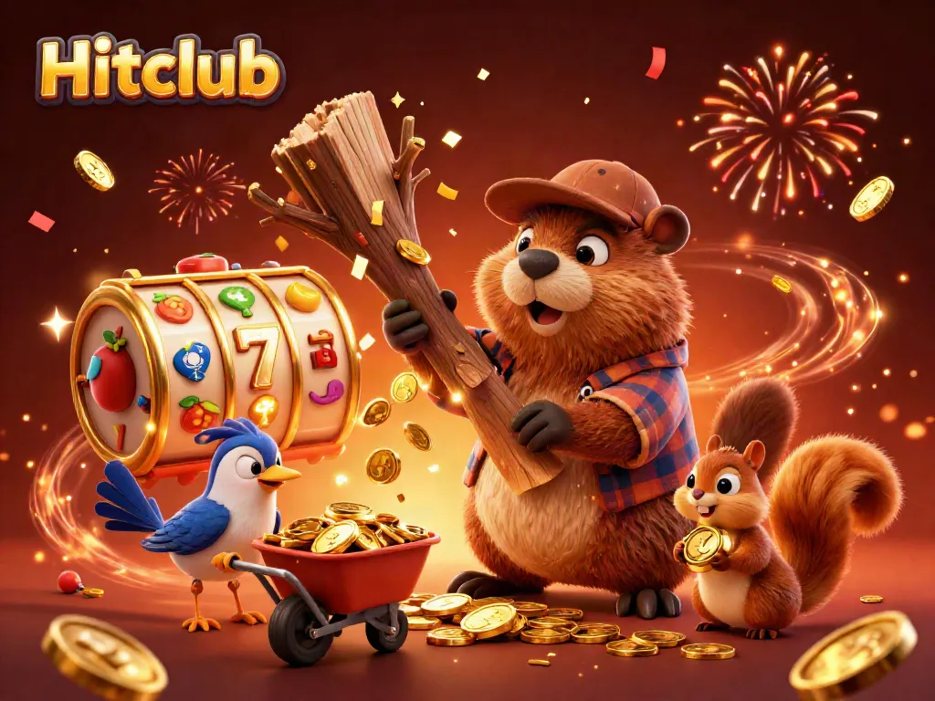 Hitclub image featuring a beaver collecting golden coins while playing slots in a vibrant casino scene.