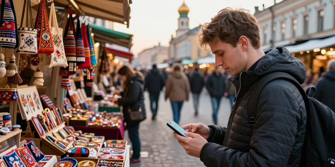 Un turista utilizando https://payinrussia.com/ para hacer pagos mientras explora un mercado ruso lleno de coloridos productos locales.
