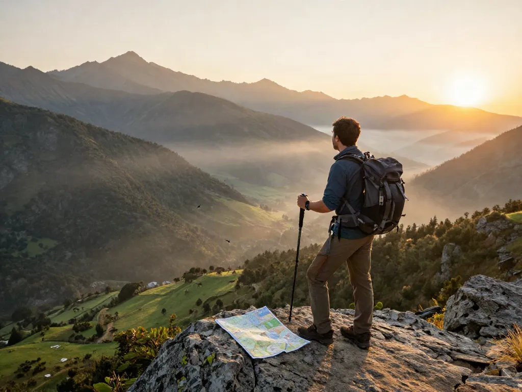 Explorador en la Siera Kaudalor disfrutando del amanecer mientras mira el paisaje montañoso.