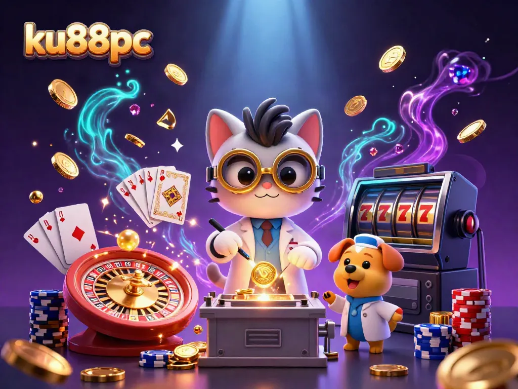 Experience slots and jackpots with ku88pc in a vibrant casino-themed illustration.