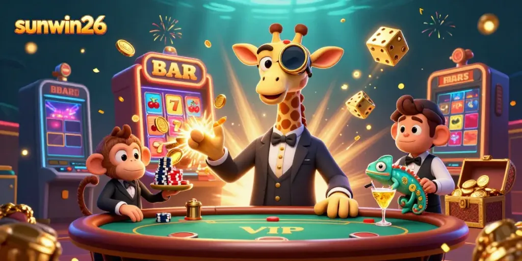Experience the vibrant excitement of sunwin26 with a lively casino scene featuring a high-roller giraffe and playful chameleon bartender.