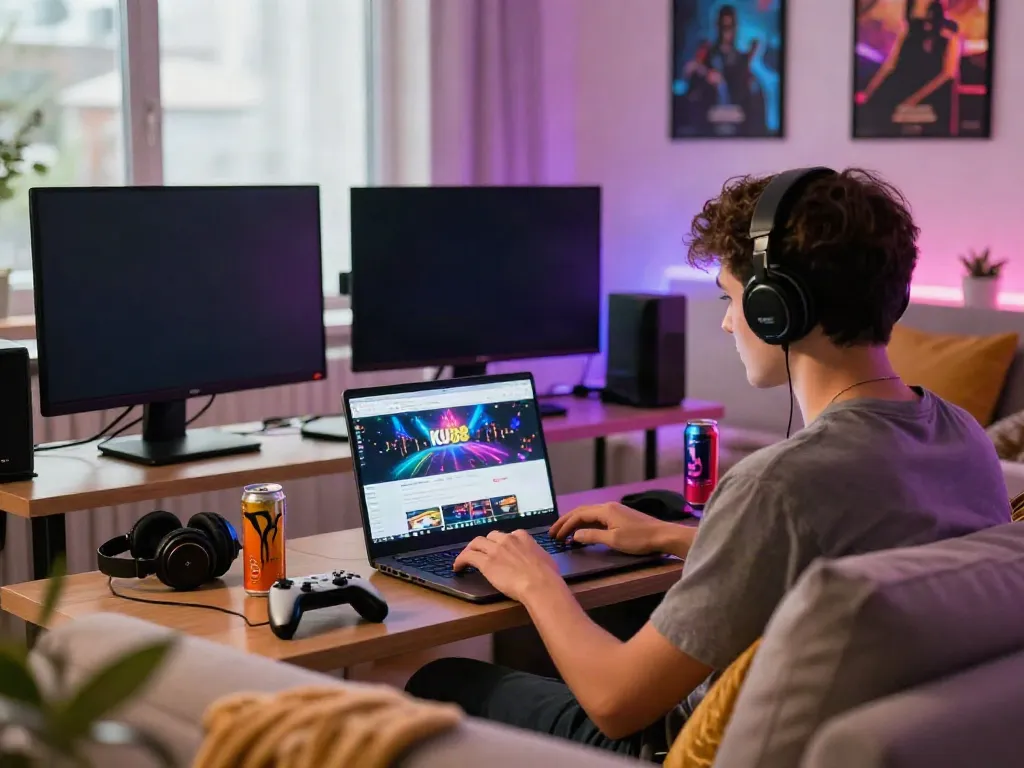 Engaging scene of online gaming with KU88 on a laptop in a stylish living room.