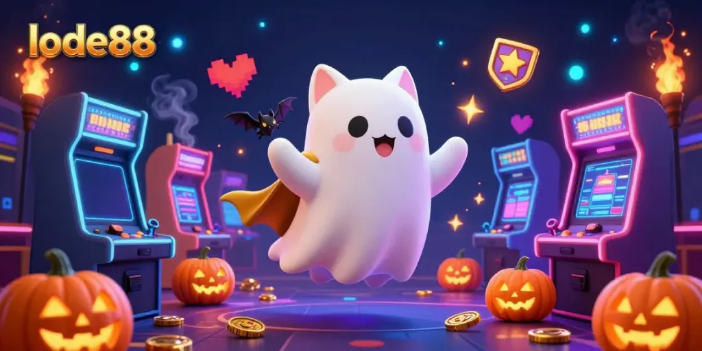 Experience the thrilling lode88 casino with a friendly ghost cat and vibrant game elements in a spooky atmosphere.