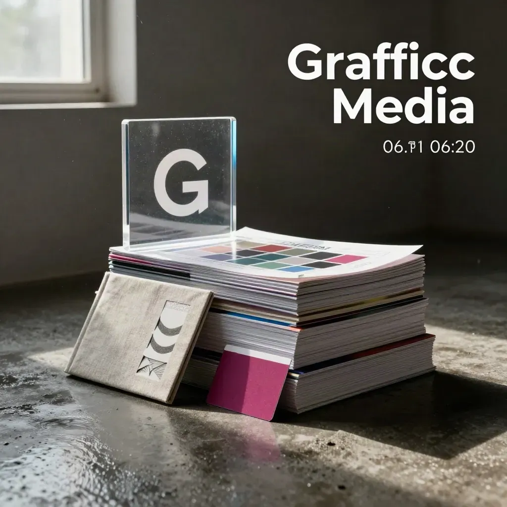 Monolito acrílico, pruebas de impresión y carpeta cerrada sobre suelo mojado con luz cinematográfica.