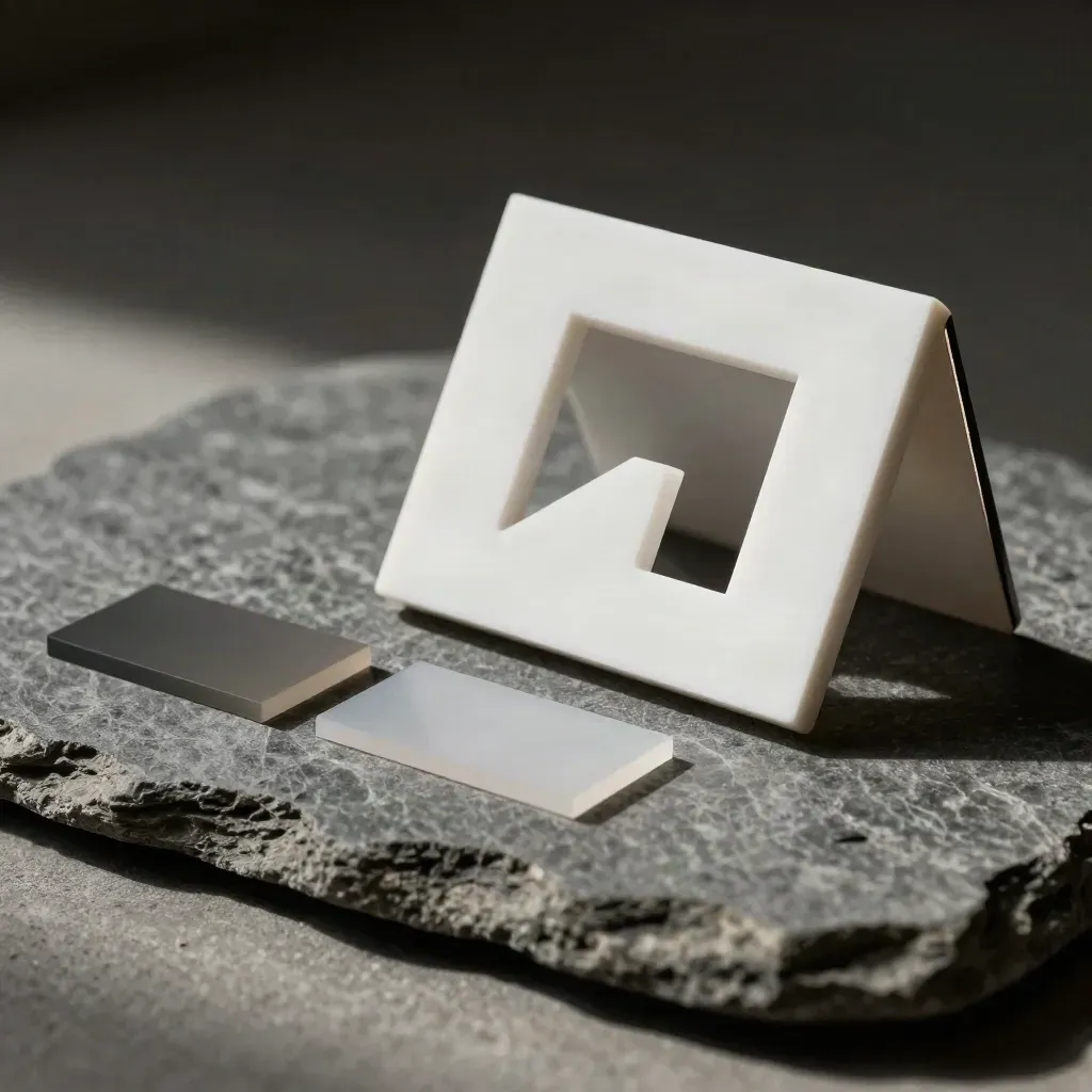 Fragmento de logotipo acrílico blanco sobre piedra graphite con dos pruebas de acabado.