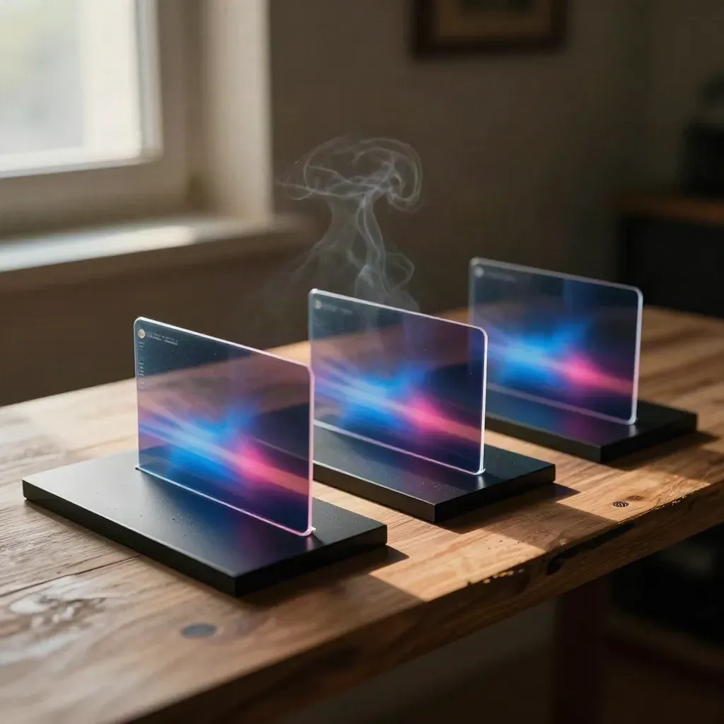 Tres fotogramas impresos con acetato y base negra en una mesa de estudio, luz cálida y acento azul.