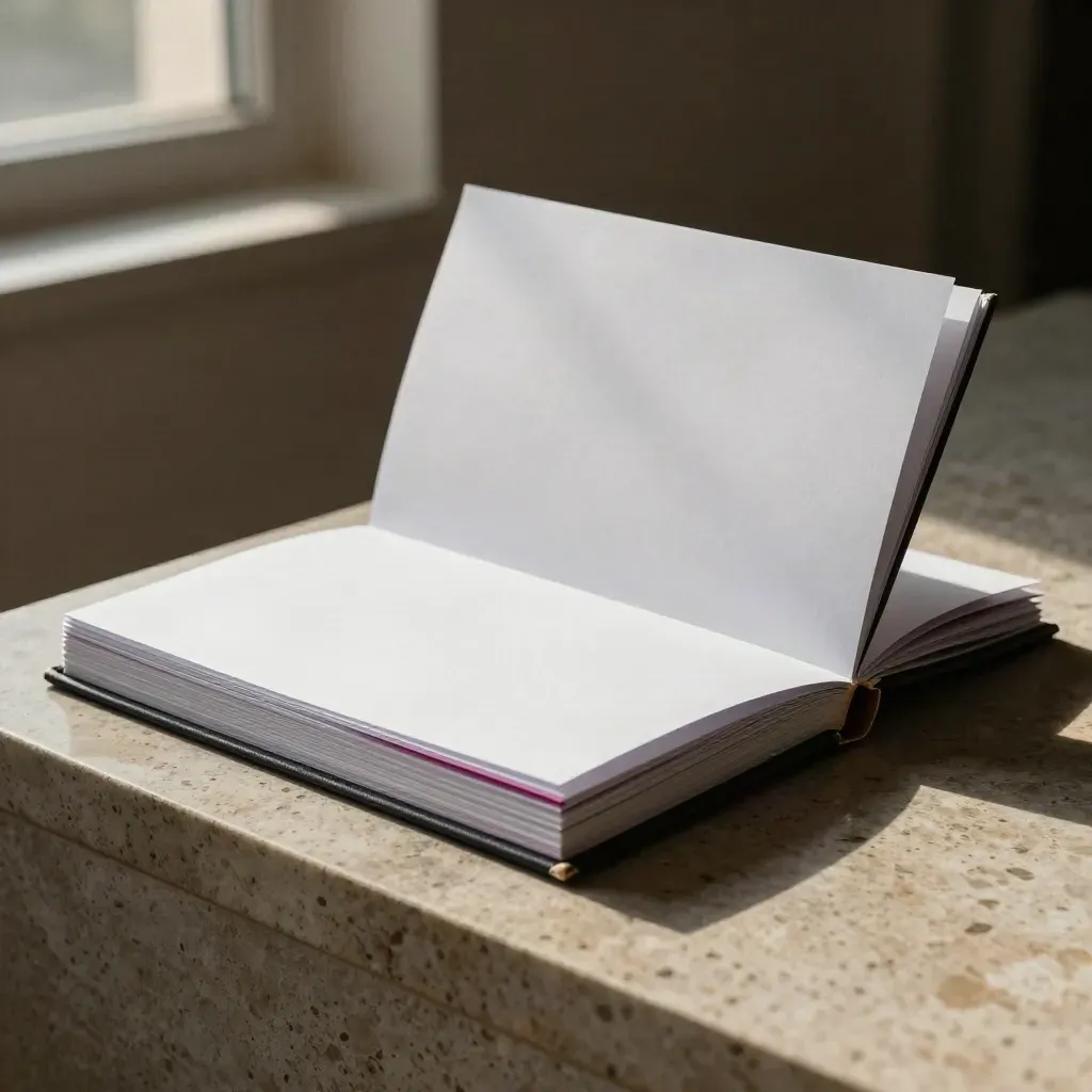 Carpeta de presentación semiv abierta con fichas y tarjetas de color sobre una peana de travertino.