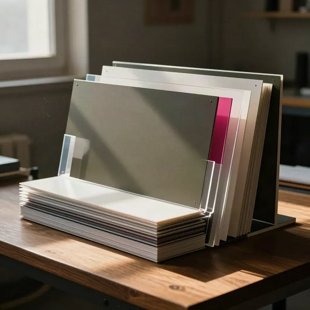 Paneles gráficos de oferta en grilla compacta, con acento magenta, en un estudio cálido.
