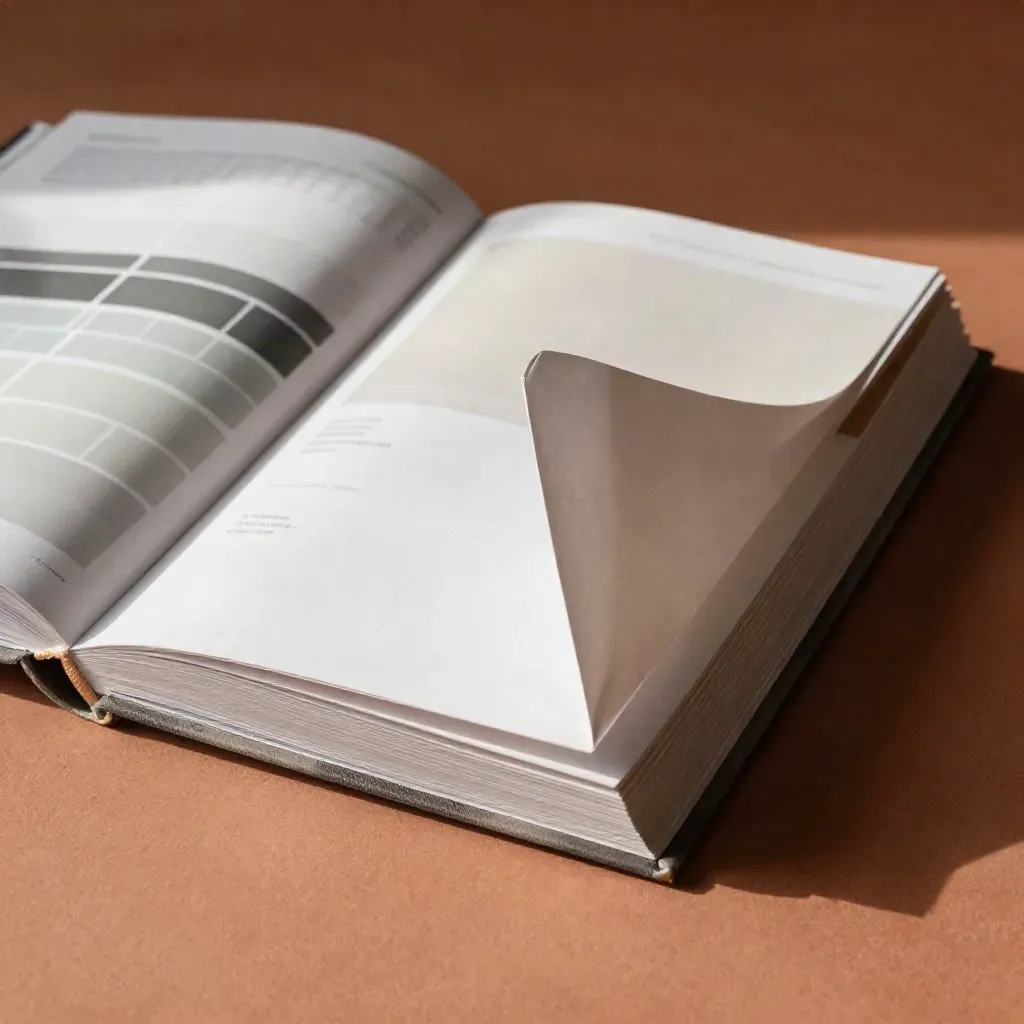 Manual de marca abierto con fichas de color y muestras de papel sobre base terracota.